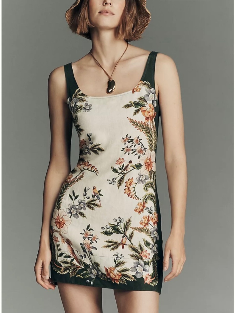 Farm Rio Nature 100% Linen Sleeveless Mini Dress Cream Green Floral SZ XL